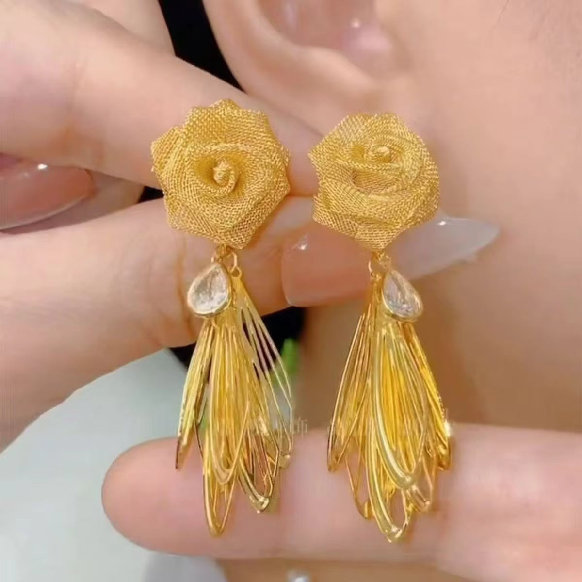 Gold Plated Hollow Metal Mesh 3D Rose Flower Hoop Earrings