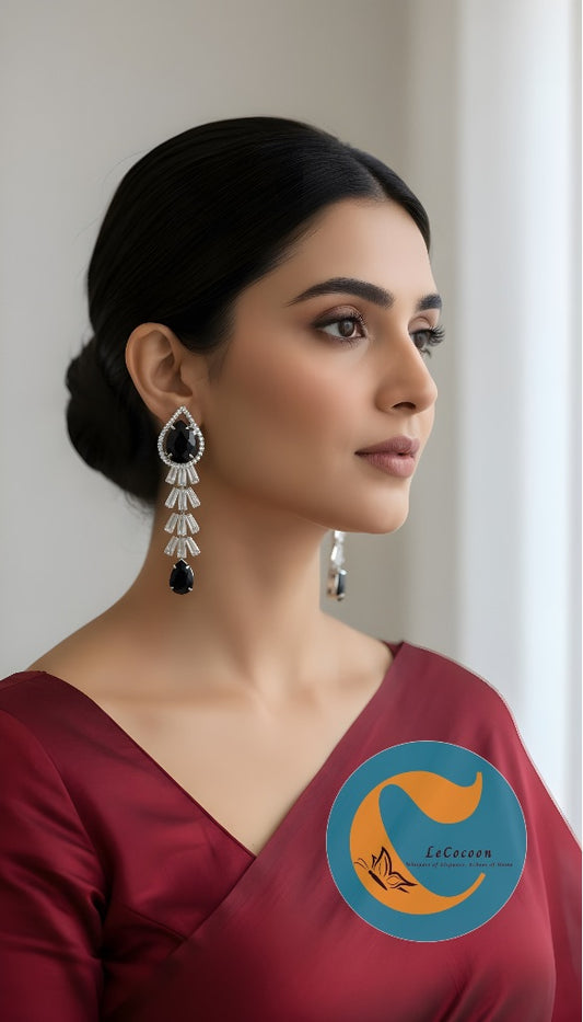 Midnight Elegance American Diamond Long Drop Earrings