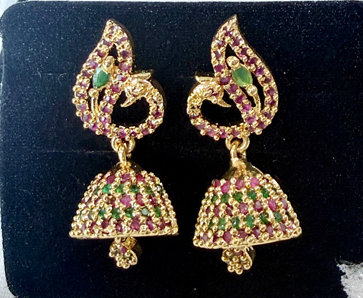 American Diamond Peacock Grace Ruby–Emerald Jhumka Earrings