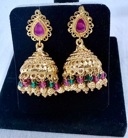 Royal Ruby-Green Temple Jhumka Earrings