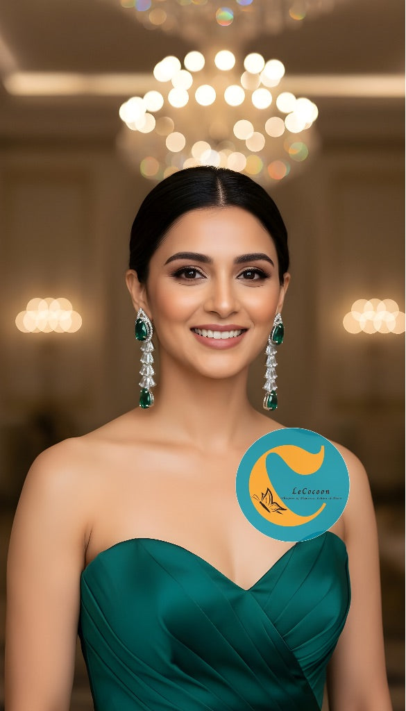 Emerald Radiance American Diamond Long Drop Earrings