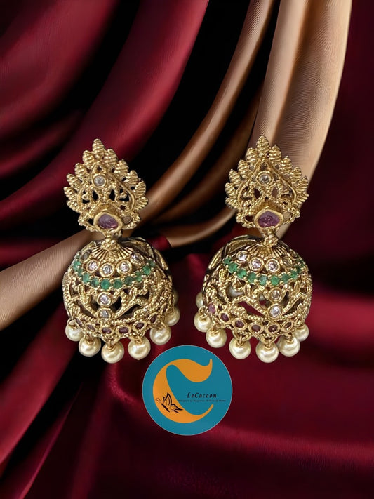 Antique Peacock Glow Temple Jhumka Earrings