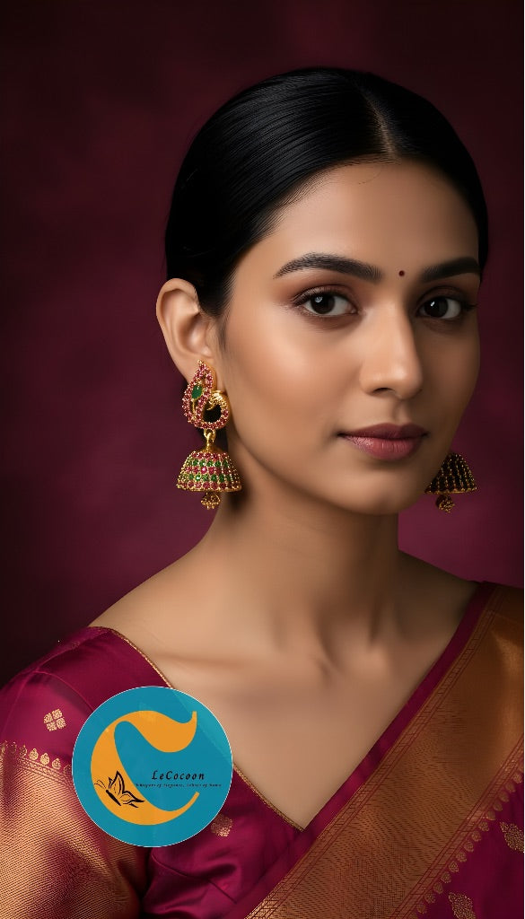 American Diamond Peacock Grace Ruby–Emerald Jhumka Earrings