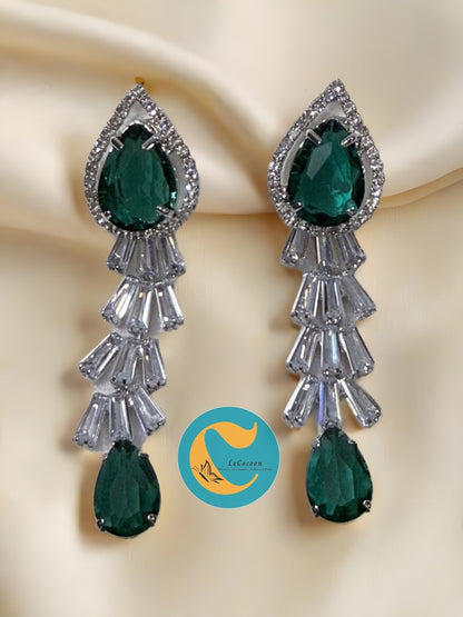 Emerald Radiance American Diamond Long Drop Earrings