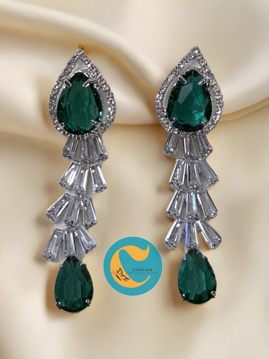 Emerald Radiance American Diamond Long Drop Earrings