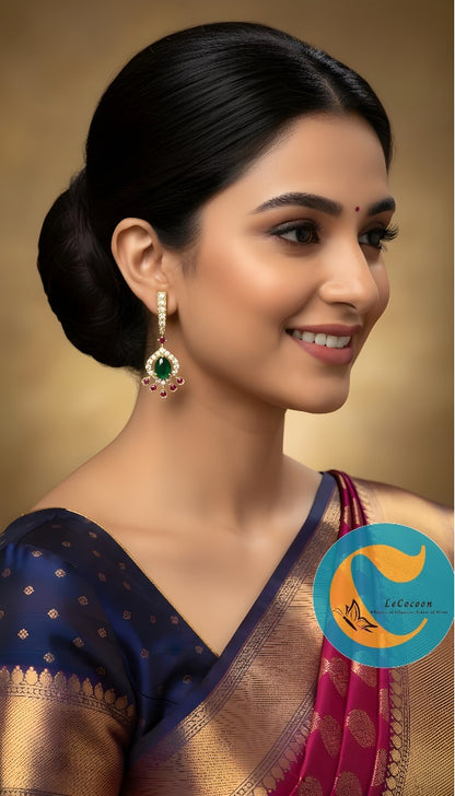 Emerald & Pink Drop American Diamond Dangler Earrings