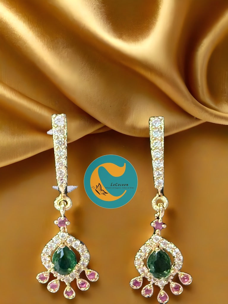 Emerald & Pink Drop American Diamond Dangler Earrings