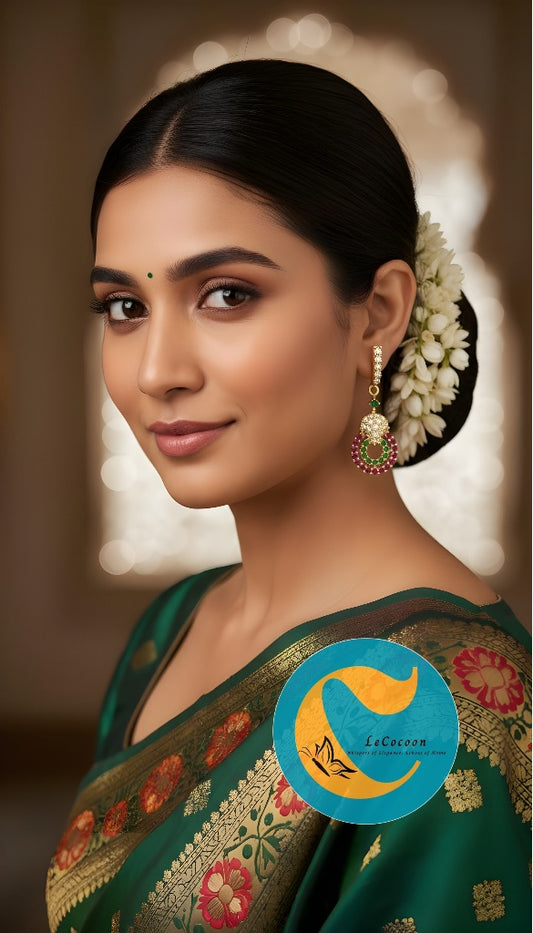 Dual Halo Ruby-Green American Diamond Dangler Earrings