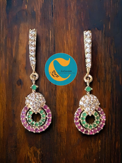 Dual Halo Ruby-Green American Diamond Dangler Earrings