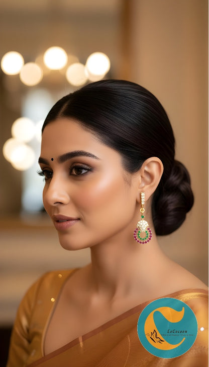 Dual Halo Ruby-Green American Diamond Dangler Earrings