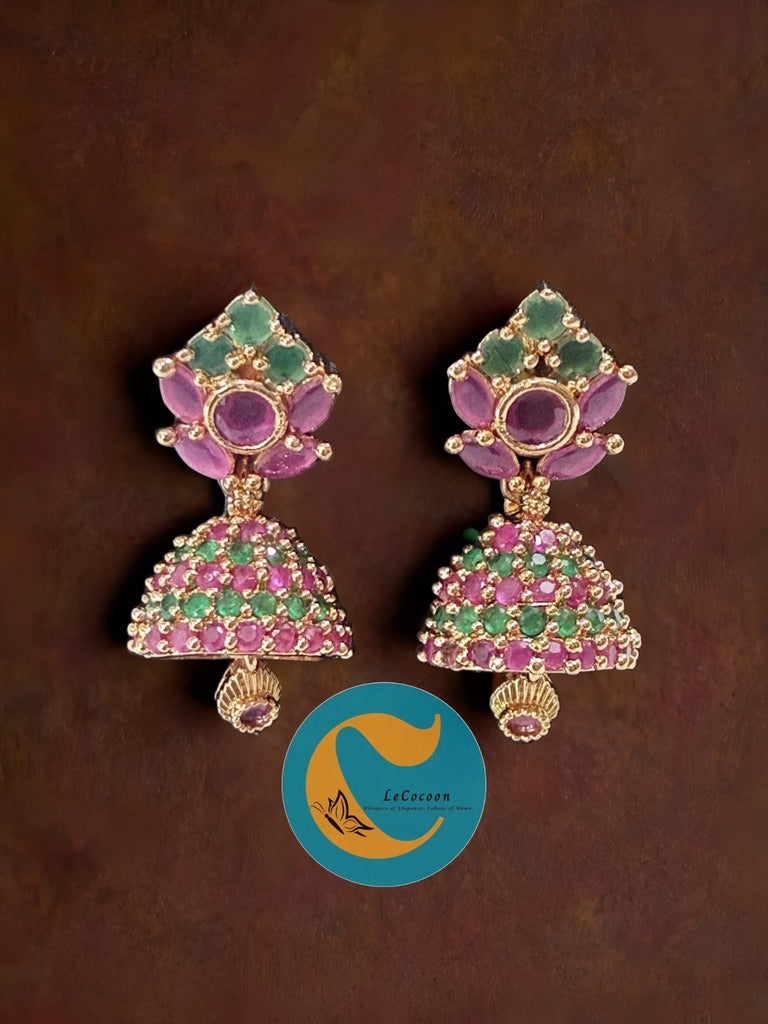 Peacock Garden Ruby–Emerald Jhumka Earrings