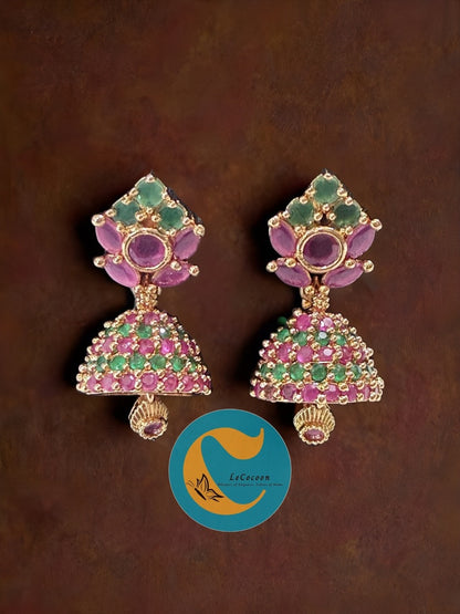 Peacock Garden Ruby–Emerald Jhumka Earrings
