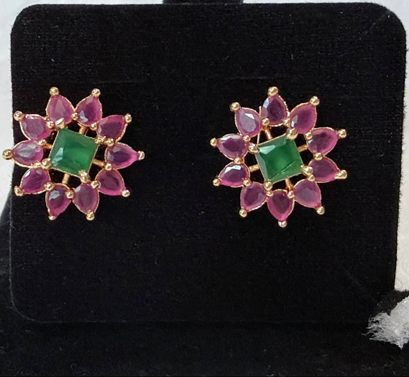 Emerald-Green & Rose Pink Floral Studs