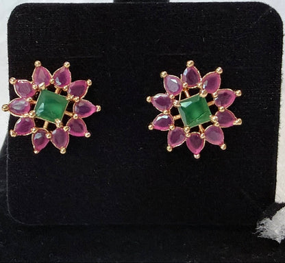 Emerald-Green & Rose Pink Floral Studs