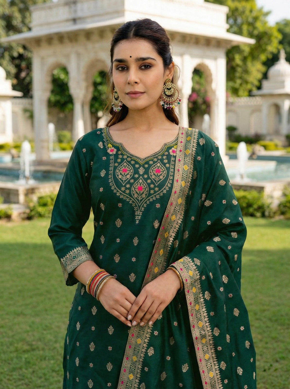 Emerald Jacquard Elegance Suit Set with Dupatta