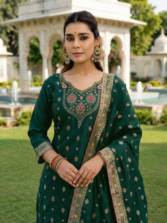 Emerald Jacquard Elegance Suit Set with Dupatta