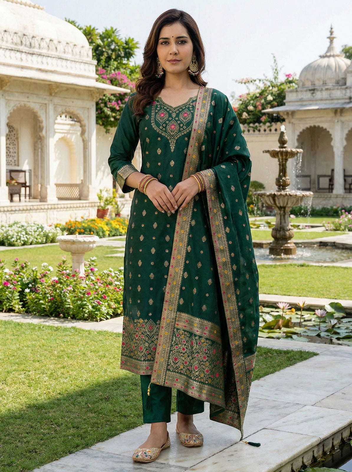 Emerald Jacquard Elegance Suit Set with Dupatta