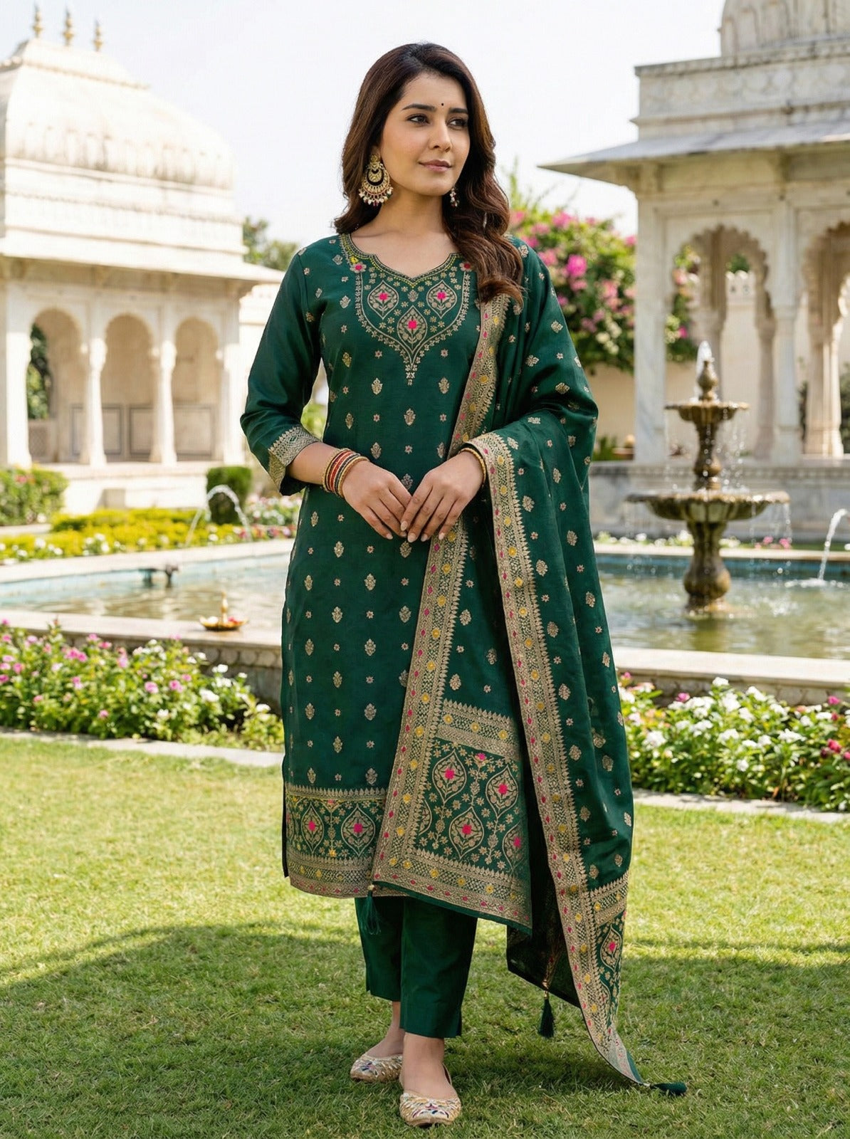 Emerald Jacquard Elegance Suit Set with Dupatta