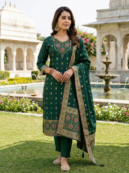Emerald Jacquard Elegance Suit Set with Dupatta