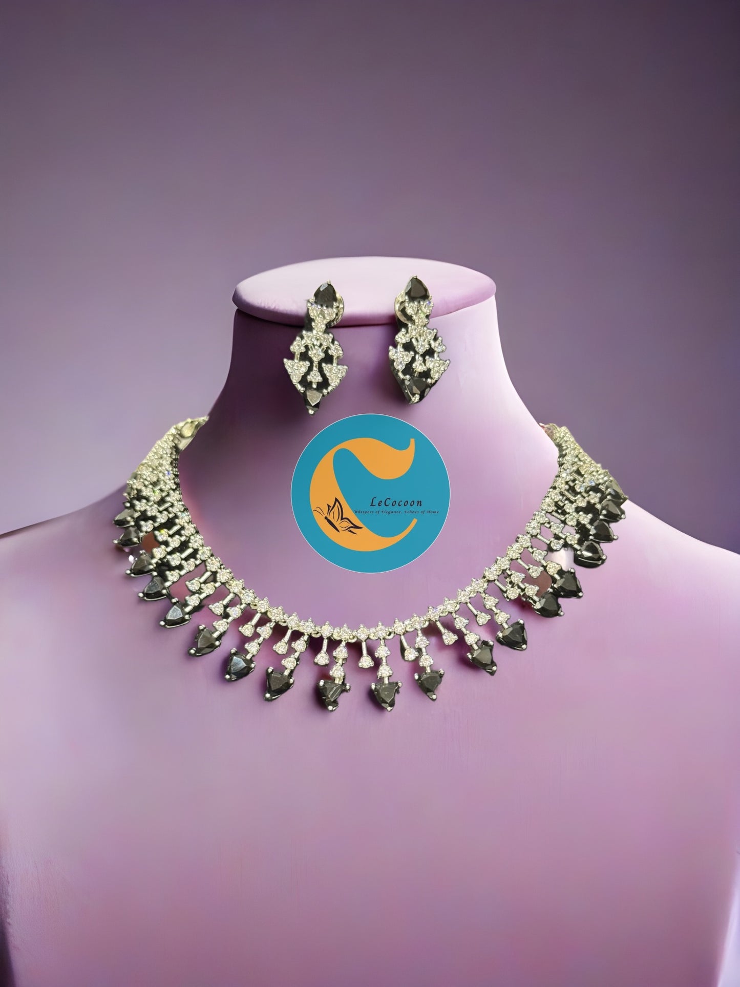 Black American Diamond Necklace Set with Earrings