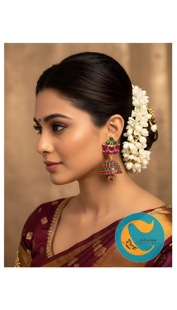 Peacock Garden Ruby–Emerald Jhumka Earrings