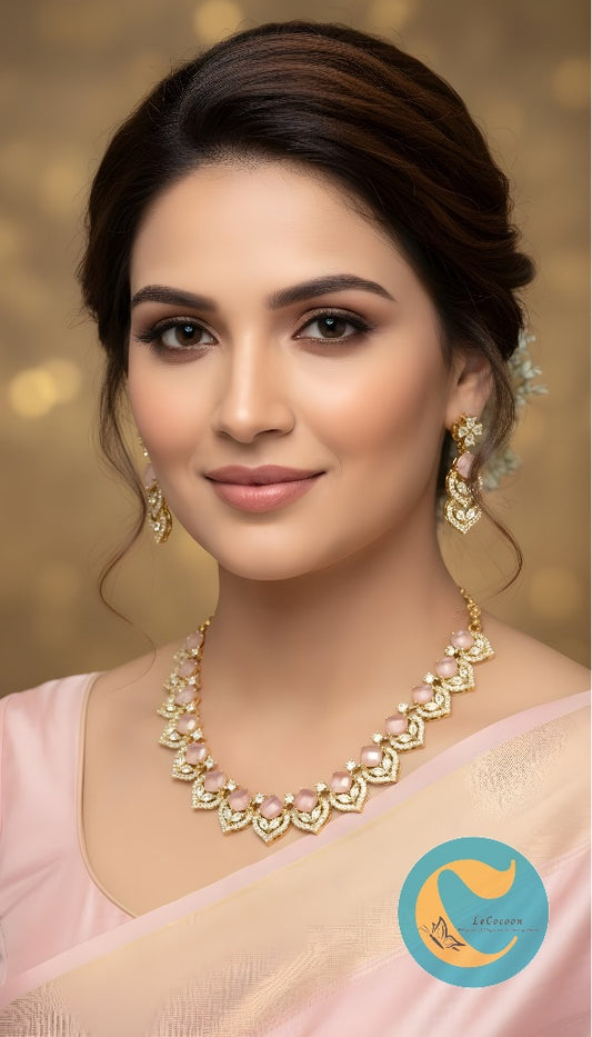 Baby Pink American Diamond Necklace Set with Earrings