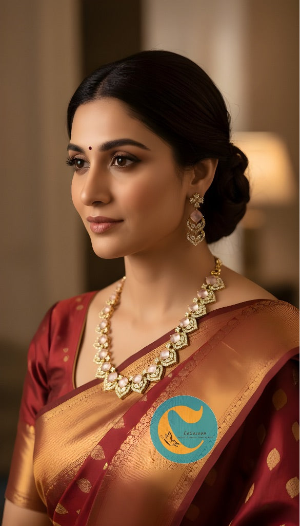 Baby Pink American Diamond Necklace Set with Earrings