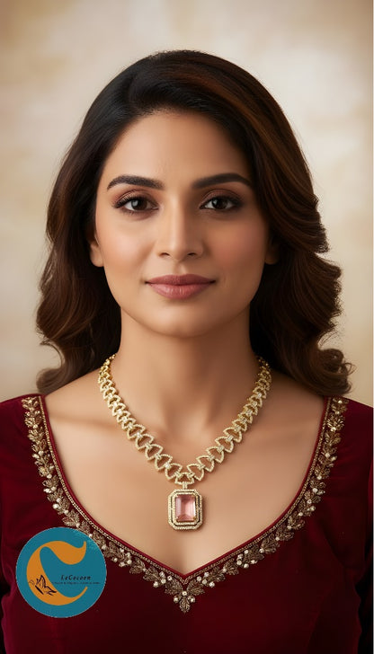 Baby Pink American Diamond Necklace Set with Earrings