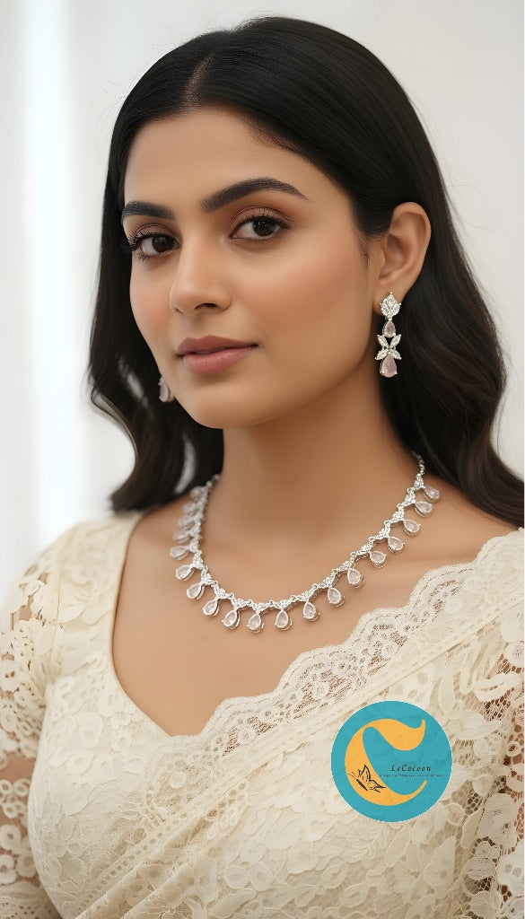 Baby Pink Teardrop American Diamond Necklace Set with Earrings