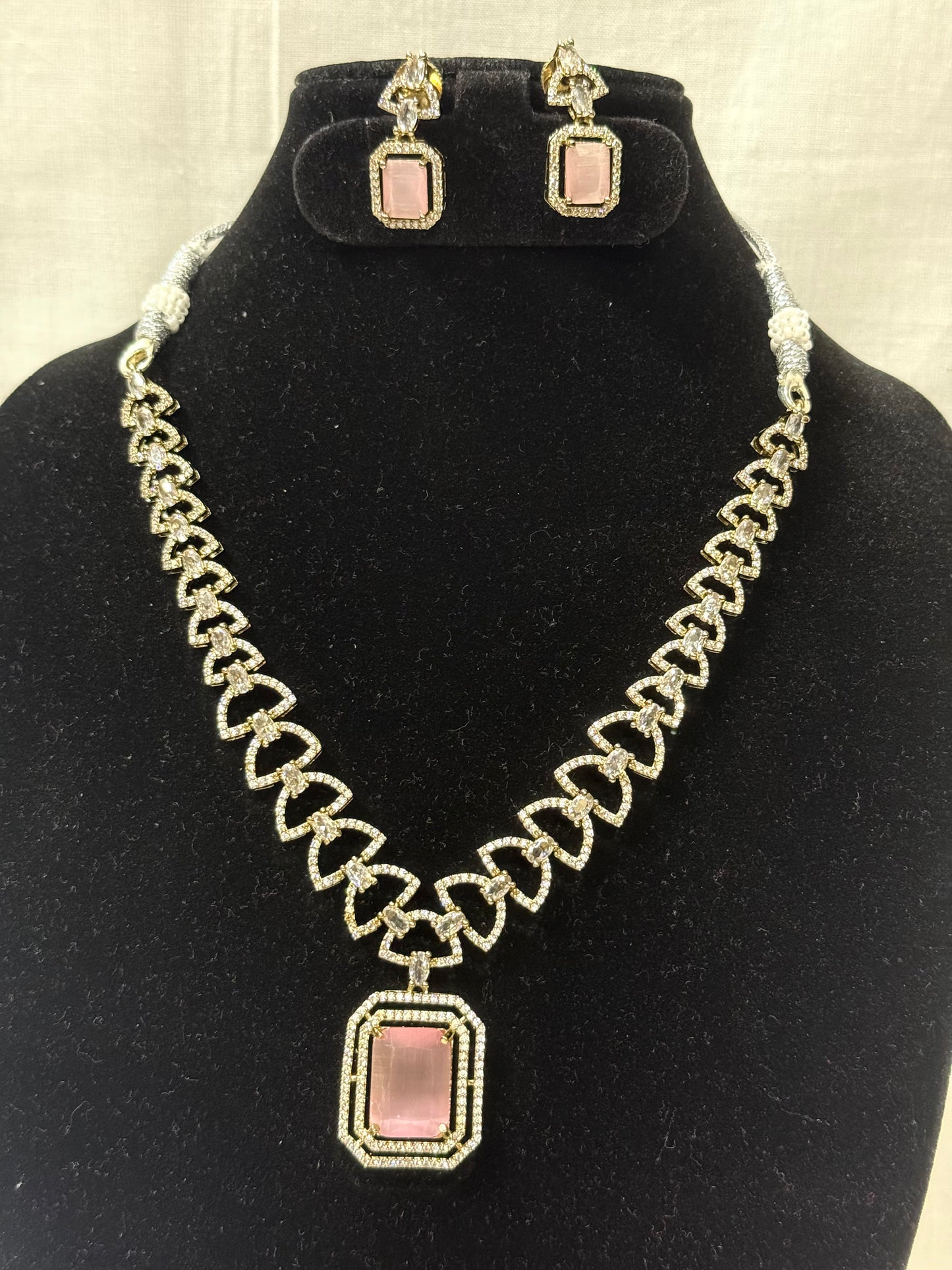 Baby Pink American Diamond Necklace Set with Earrings