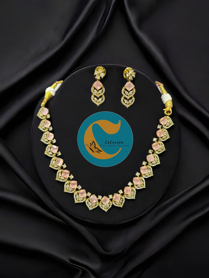 Baby Pink American Diamond Necklace Set with Earrings