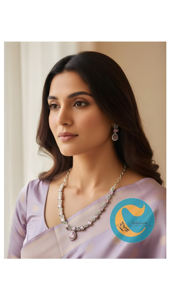 Baby Pink American Diamond Necklace Set with Earrings