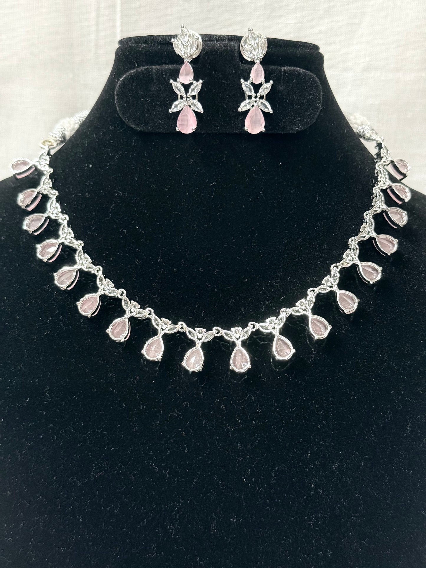 Baby Pink Teardrop American Diamond Necklace Set with Earrings