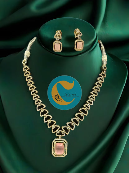 Baby Pink American Diamond Necklace Set with Earrings