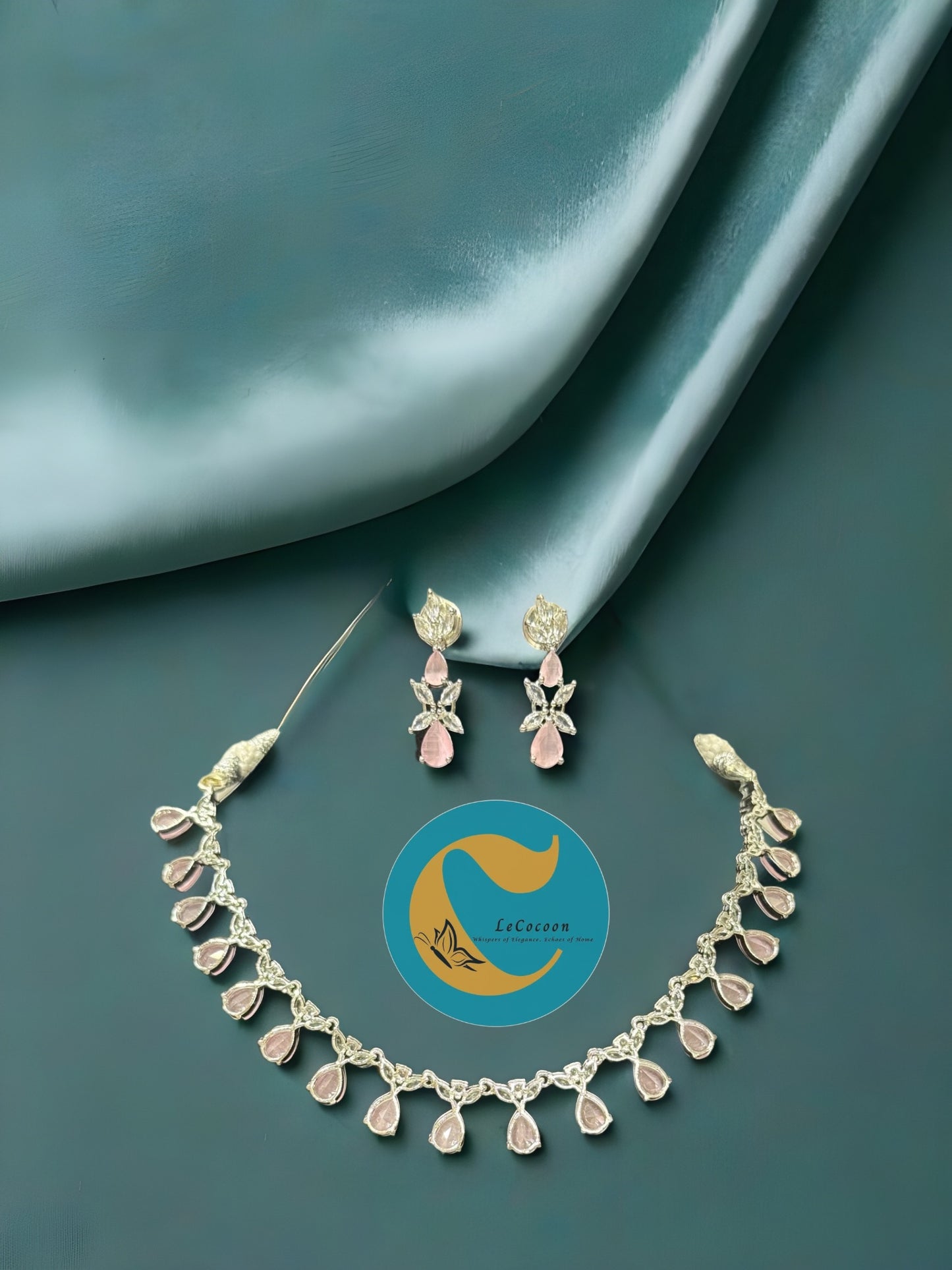 Baby Pink Teardrop American Diamond Necklace Set with Earrings
