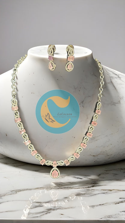 Baby Pink American Diamond Necklace Set with Earrings