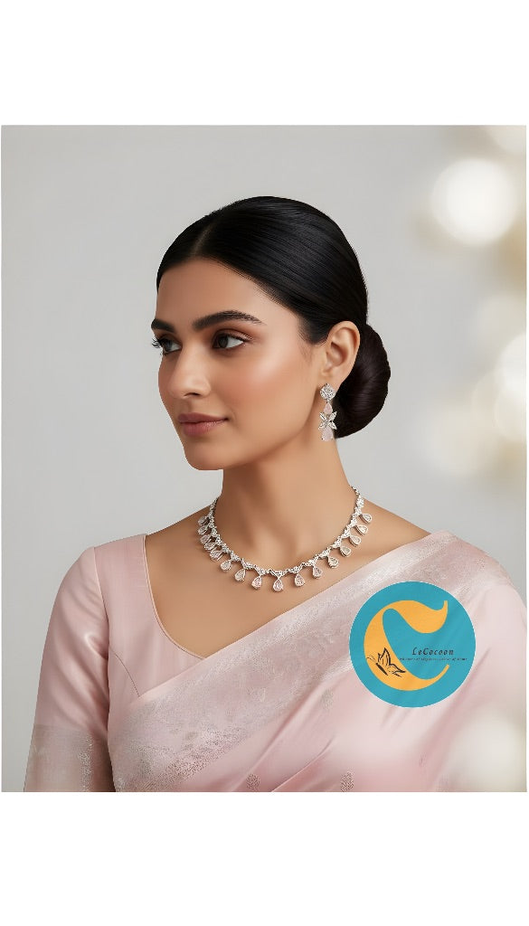 Baby Pink Teardrop American Diamond Necklace Set with Earrings