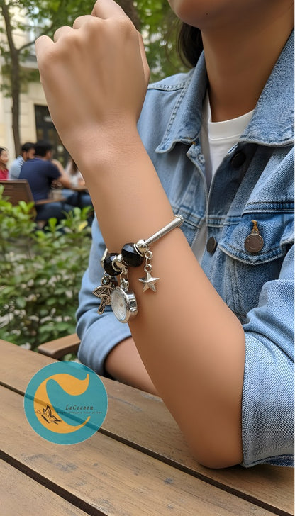 Silver Charm Bracelet Watch – Black Beads Edition