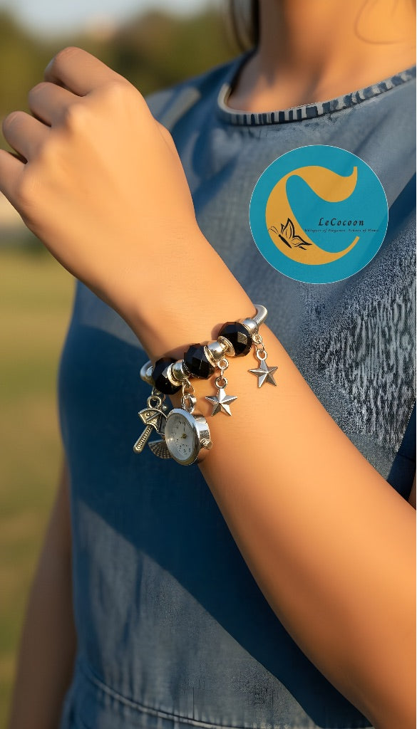 Silver Charm Bracelet Watch – Black Beads Edition