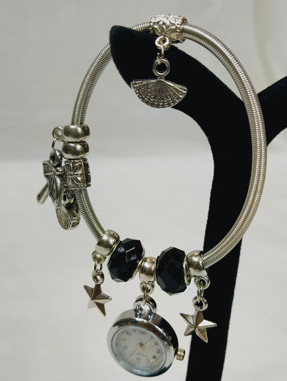 Silver Charm Bracelet Watch – Black Beads Edition