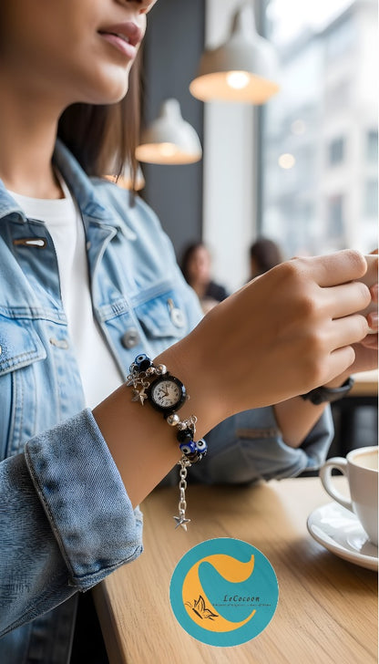 Evil Eye Charm Bracelet Watch – Black & Blue Edition
