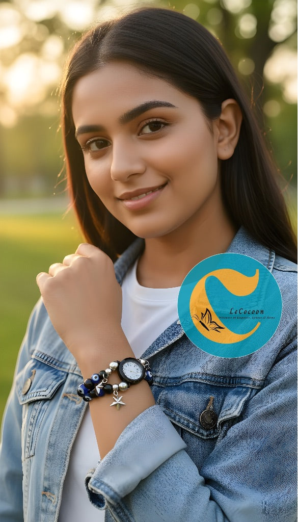 Evil Eye Charm Bracelet Watch – Black & Blue Edition