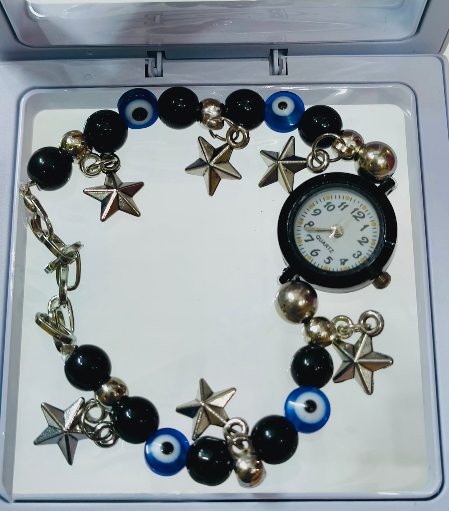 Evil Eye Charm Bracelet Watch – Black & Blue Edition