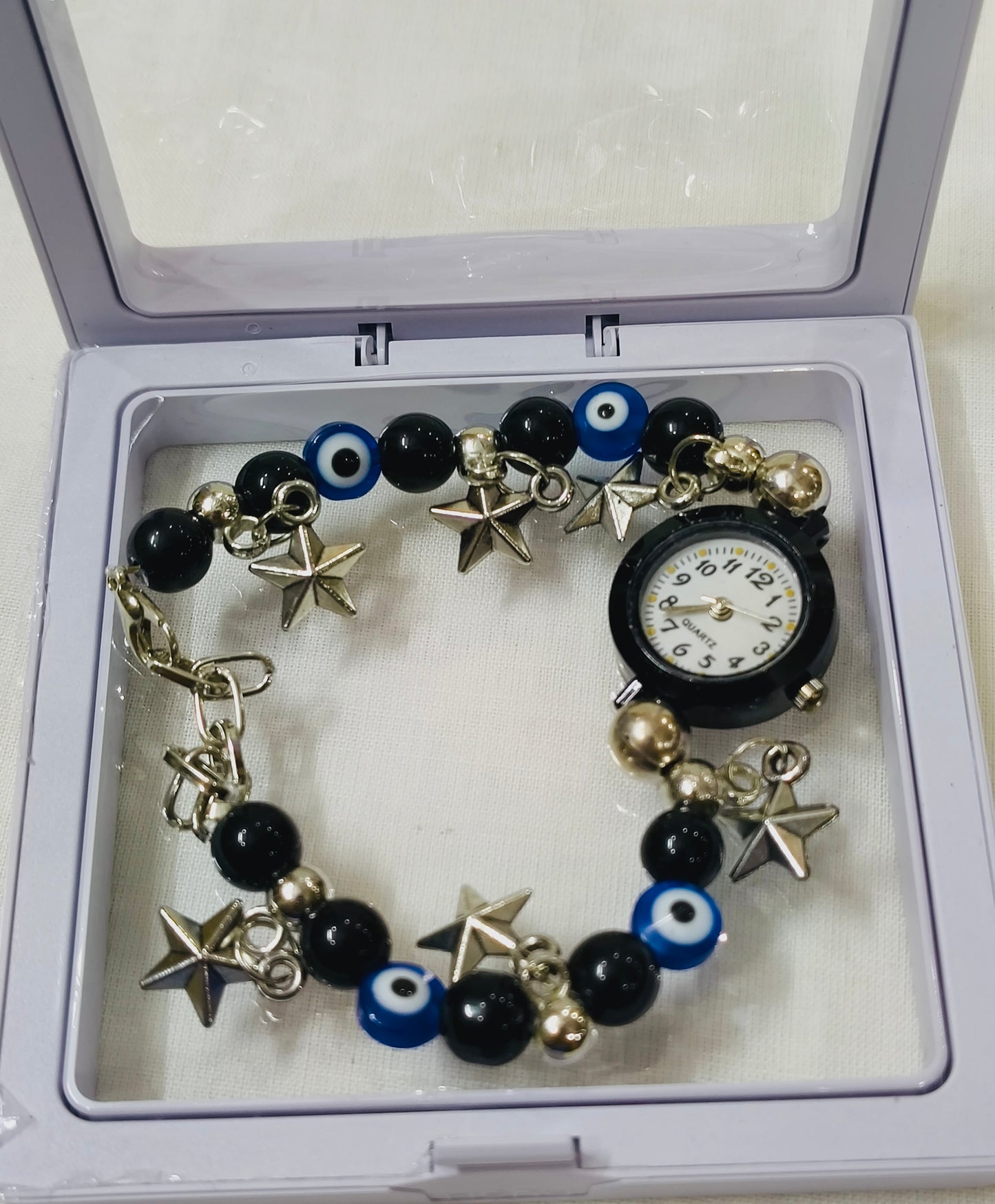 Evil Eye Charm Bracelet Watch – Black & Blue Edition