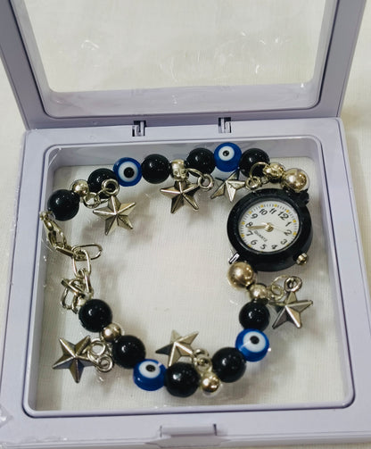Evil Eye Charm Bracelet Watch – Black & Blue Edition