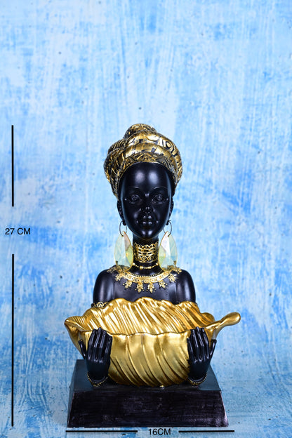 Golden Grace Giver | 28cm African Lady Resin Sculpture with Bowl
