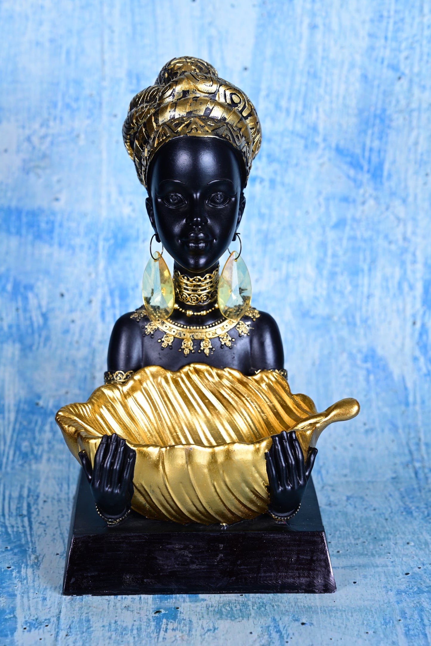 Golden Grace Giver | 28cm African Lady Resin Sculpture with Bowl