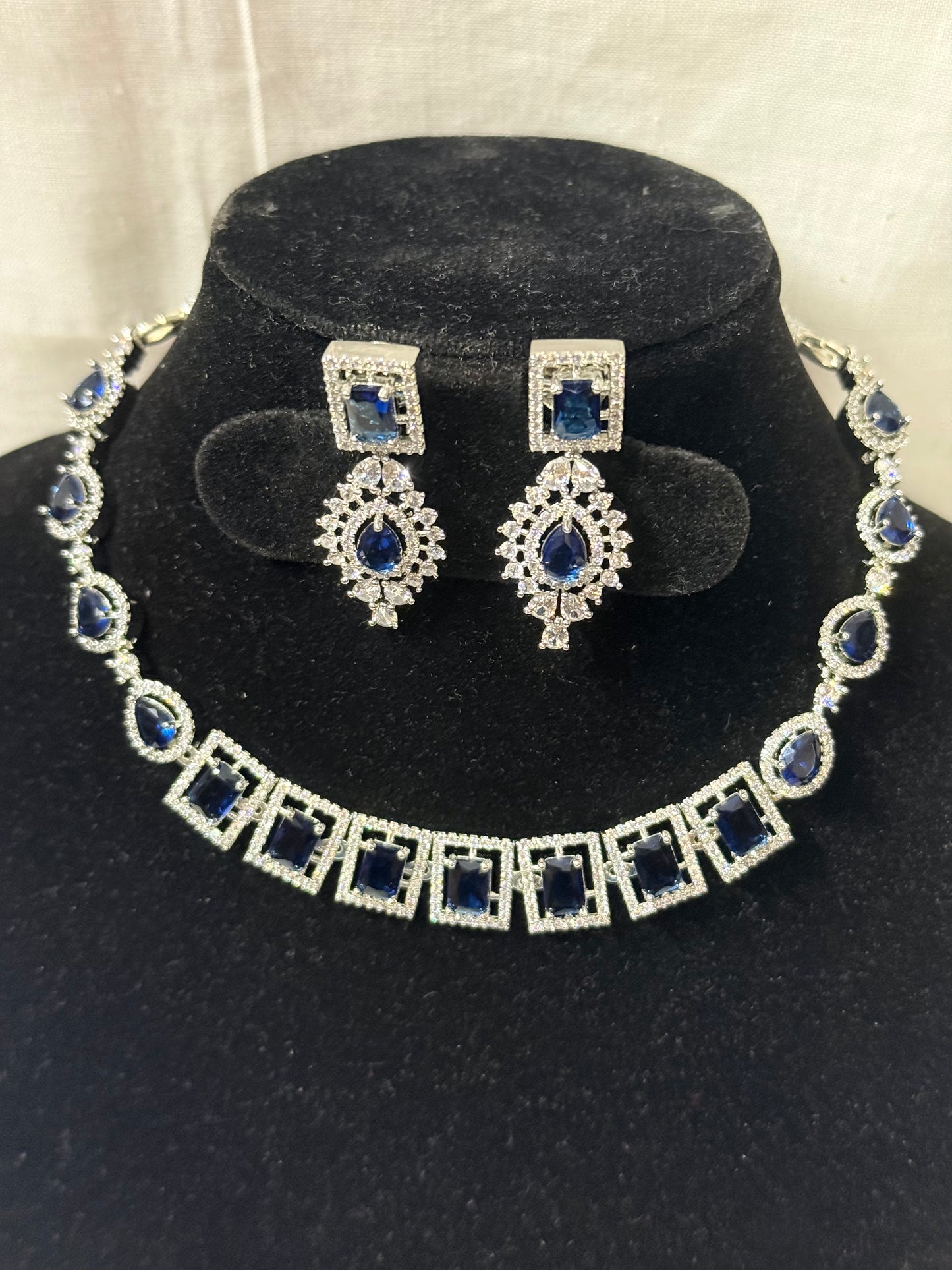 Royal Blue American Diamond Necklace Set with Earrings