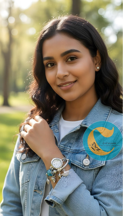 Silver Charm Bracelet Watch – Blue Beads Edition