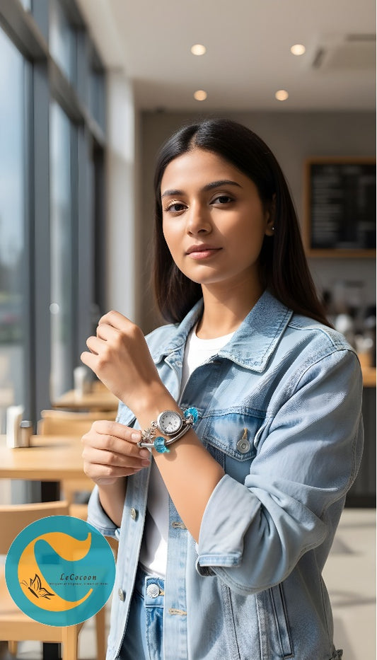Silver Charm Bracelet Watch – Blue Beads Edition